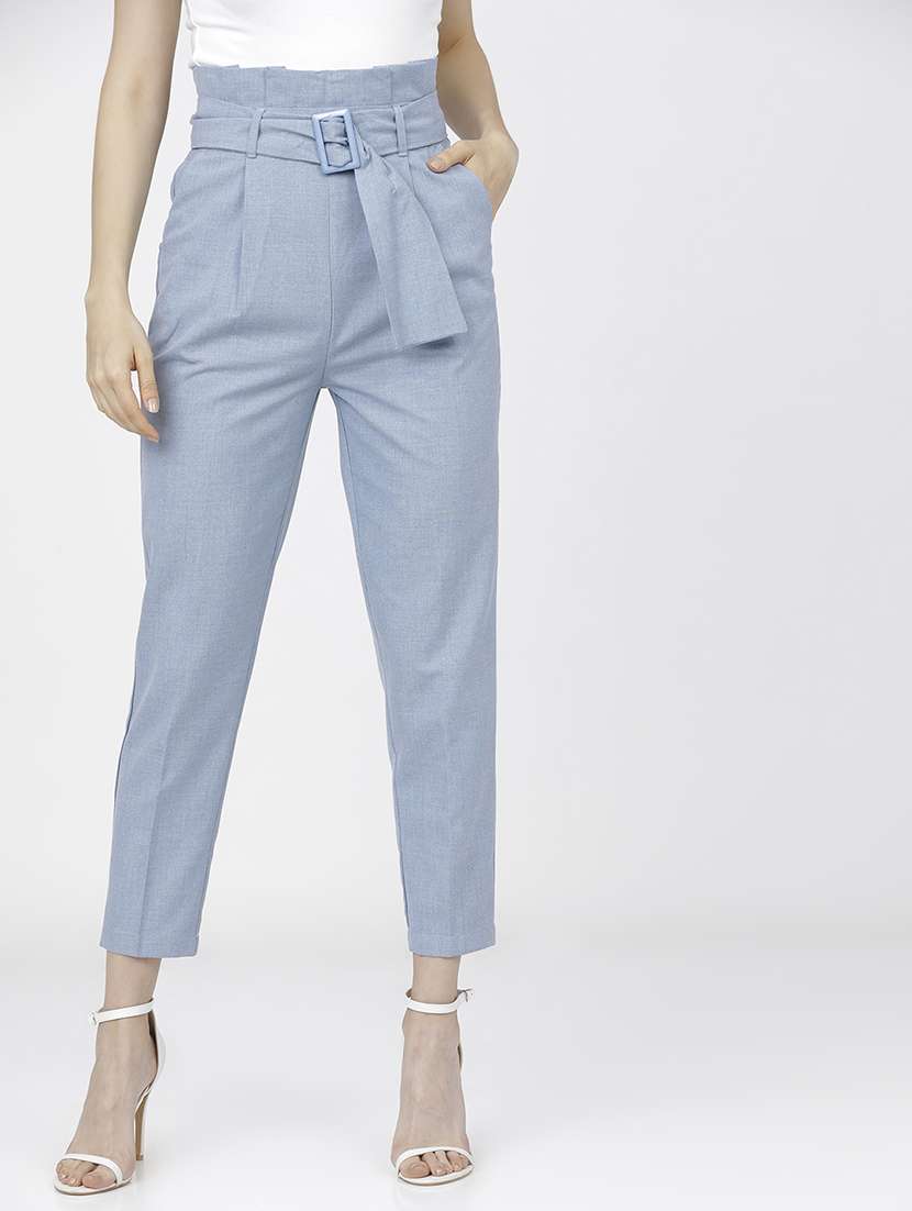 women blue polyester chinos trouser