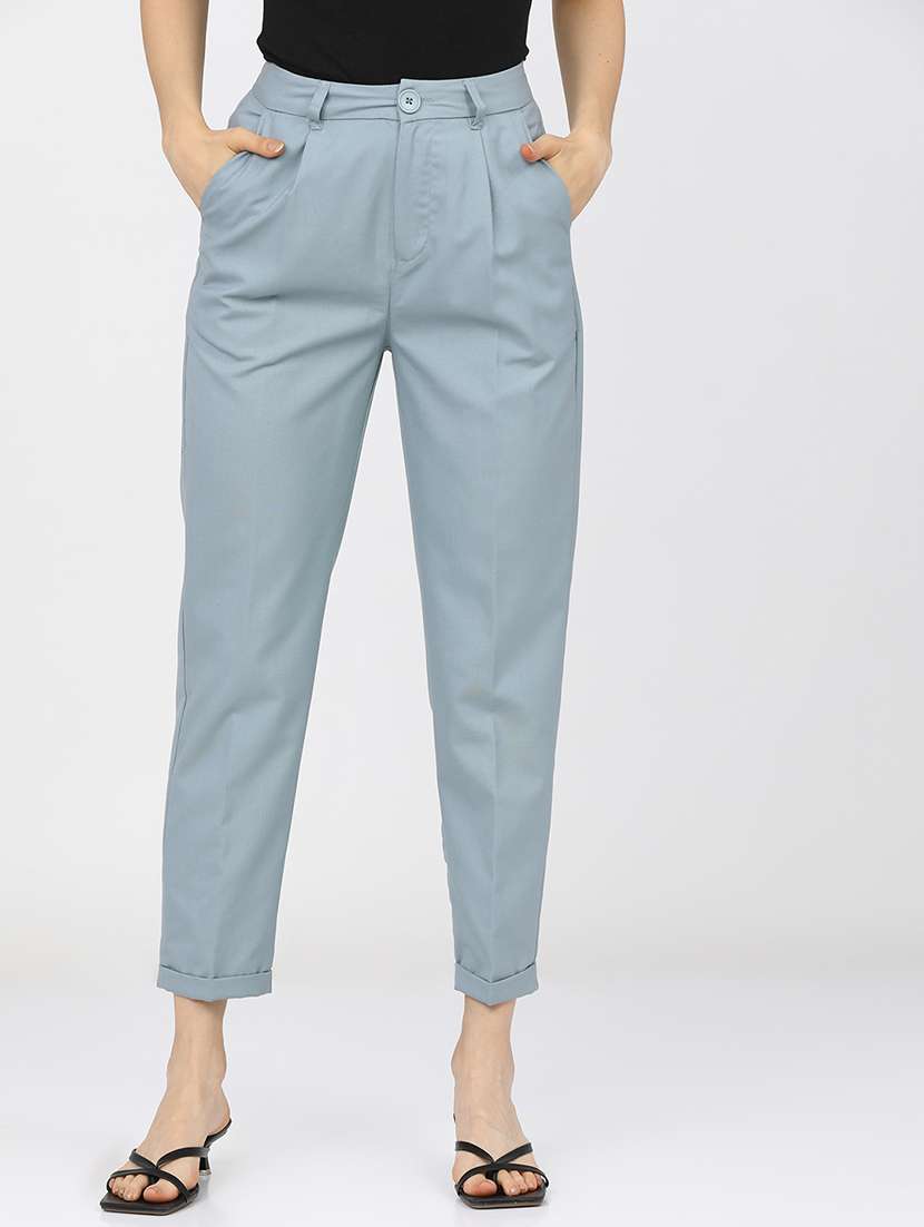 women blue polyester chinos trouser