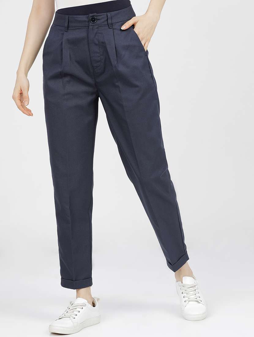 women navy blue polyester chinos trouser