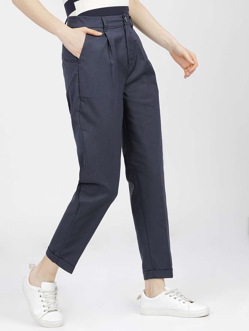 women navy blue polyester chinos trouser - 22471215 -  Standard Image - 3