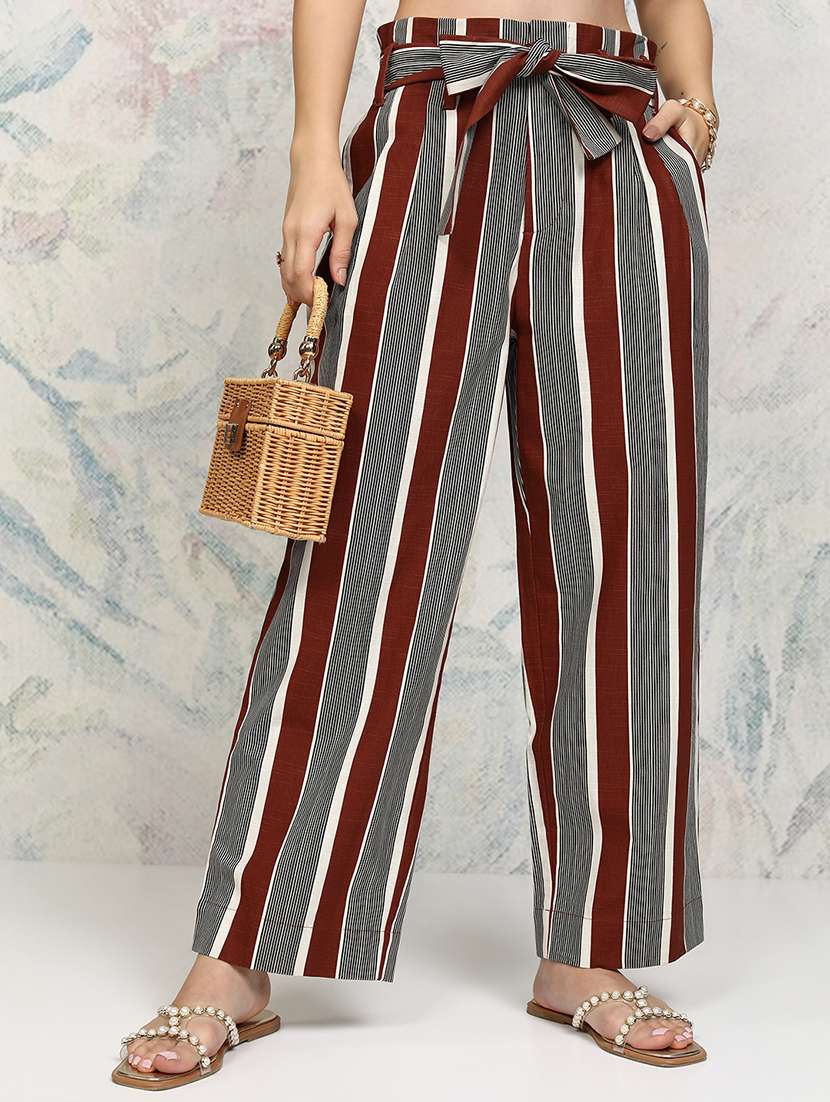 women rust striped cotton relaxed fit trousers