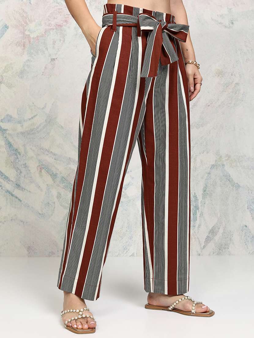 women rust striped cotton relaxed fit trousers - 22471223 -  Standard Image - 3