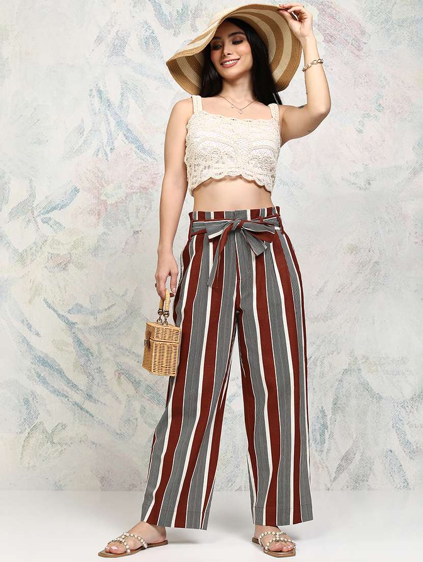 women rust striped cotton relaxed fit trousers - 22471223 -  Standard Image - 5