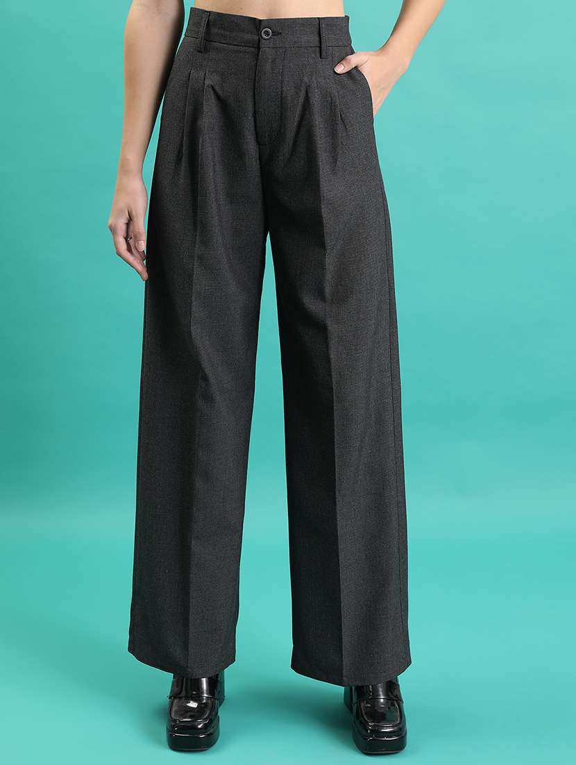 women grey pleated flat front trousers