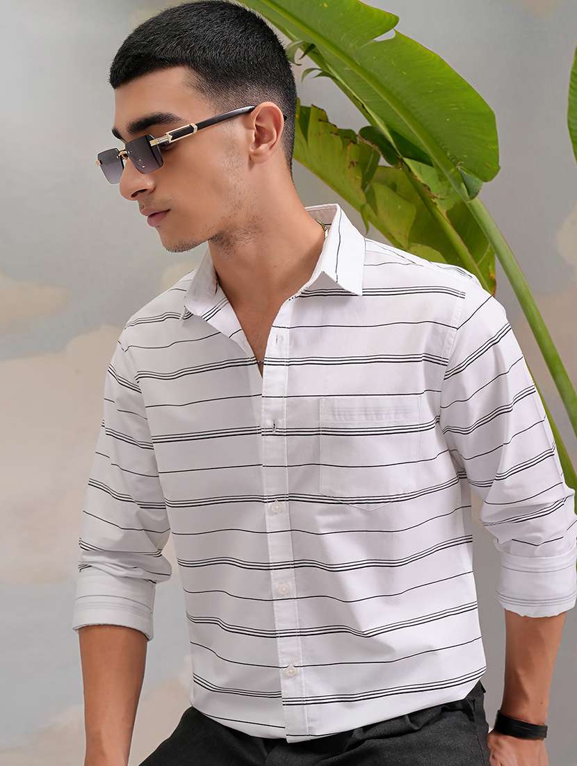 men stripes white  colored cotton regular casual shirt