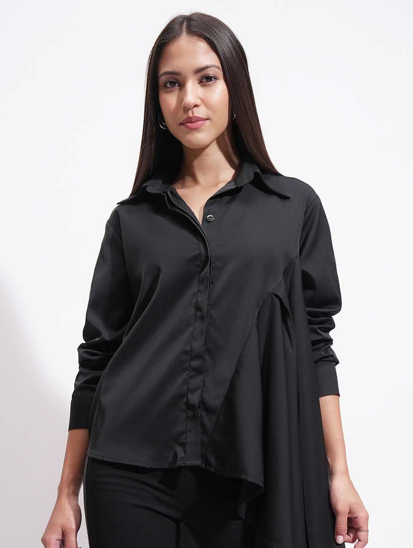 women solid black polyester regular shirt