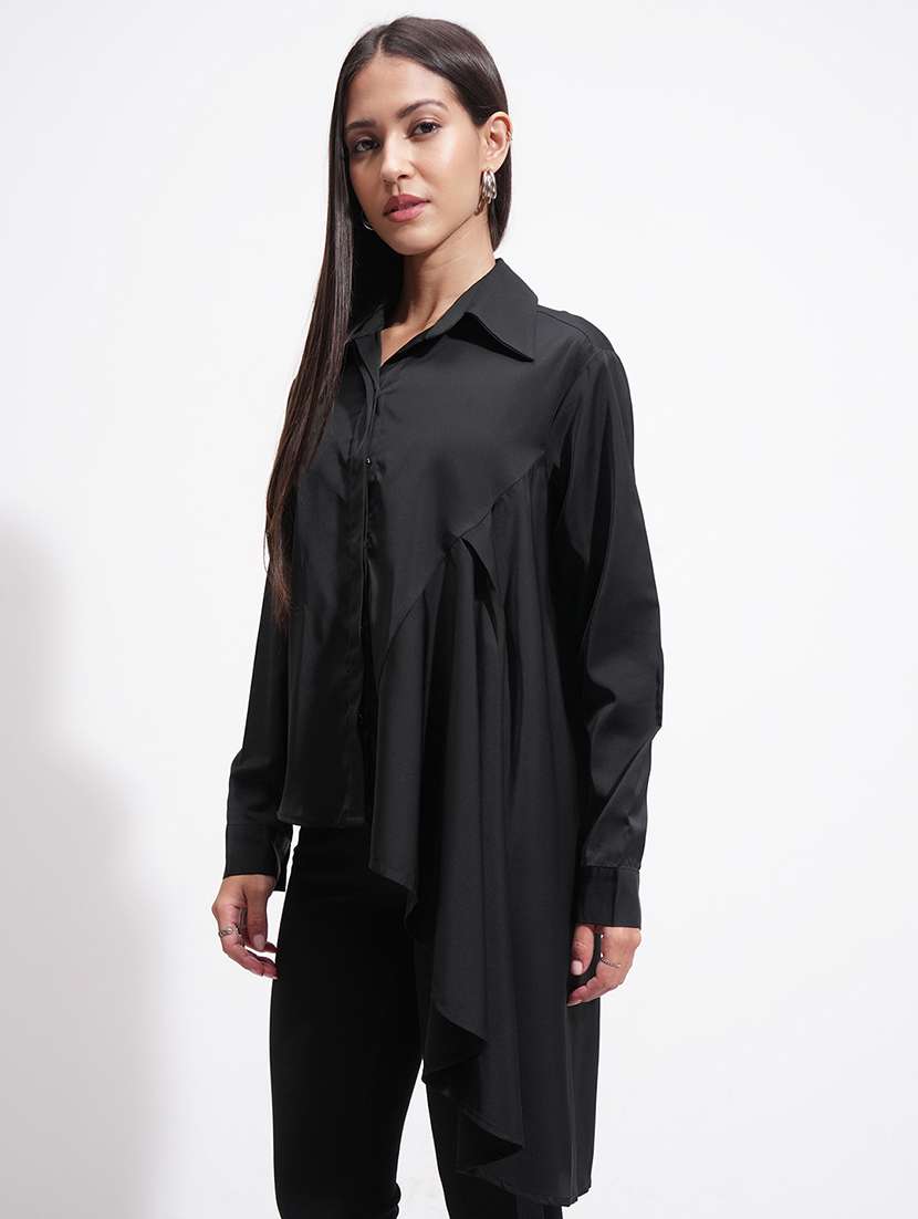 women solid black polyester regular shirt - 22471236 -  Standard Image - 3