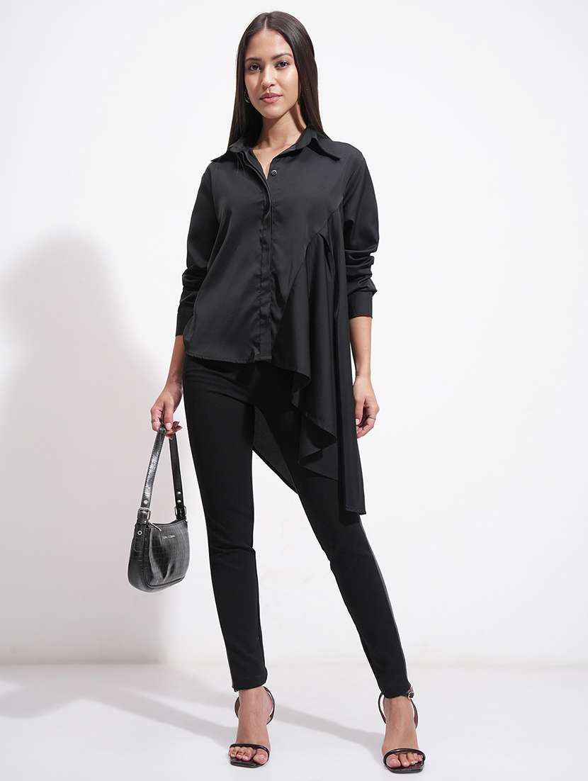 women solid black polyester regular shirt - 22471236 -  Standard Image - 5