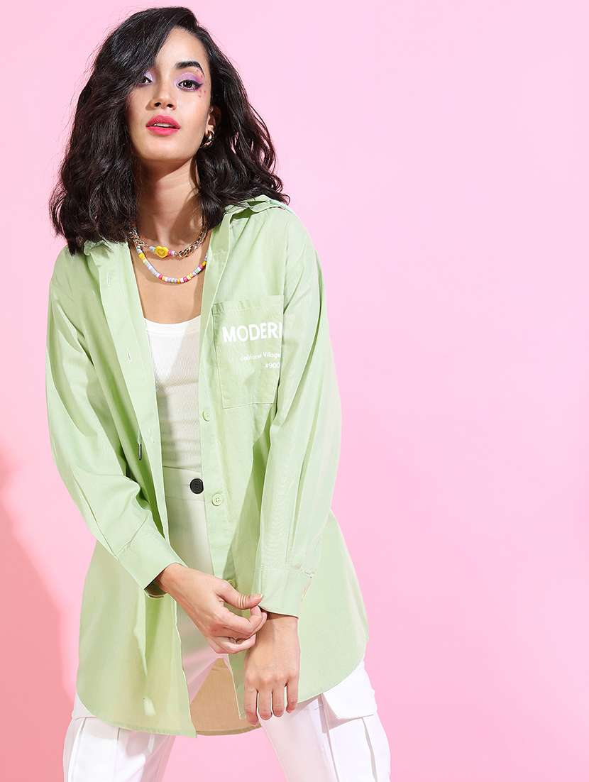 women printed green cotton regular shirt