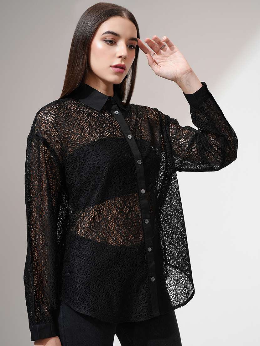 women self design black polyester regular shirt
