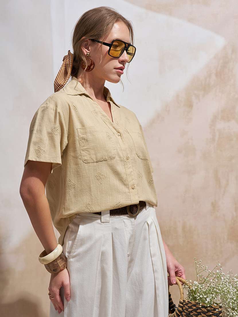 women solid beige cotton regular shirt - 22471245 -  Standard Image - 3