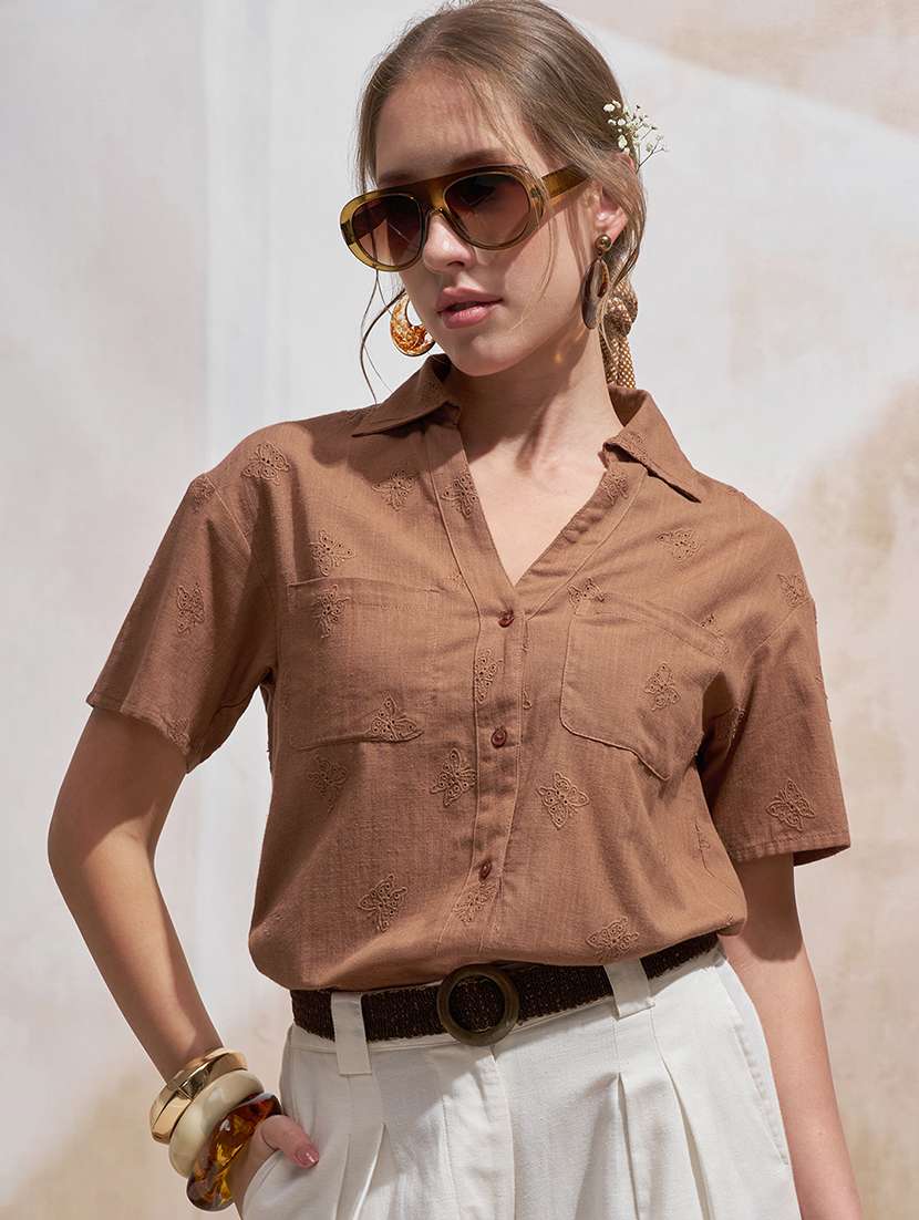 women solid brown cotton regular shirt