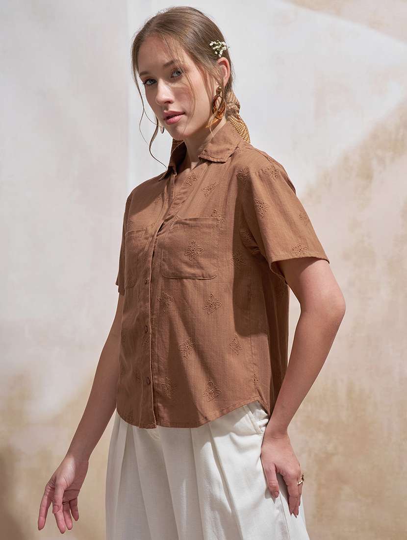 women solid brown cotton regular shirt - 22471246 -  Standard Image - 3