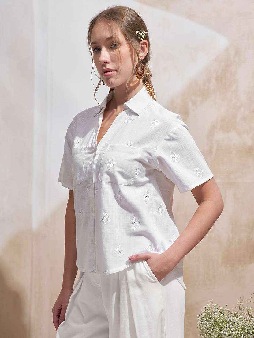 Women Solid Collared Short Sleeve Shirt - 22471247 -  Standard Image - 3