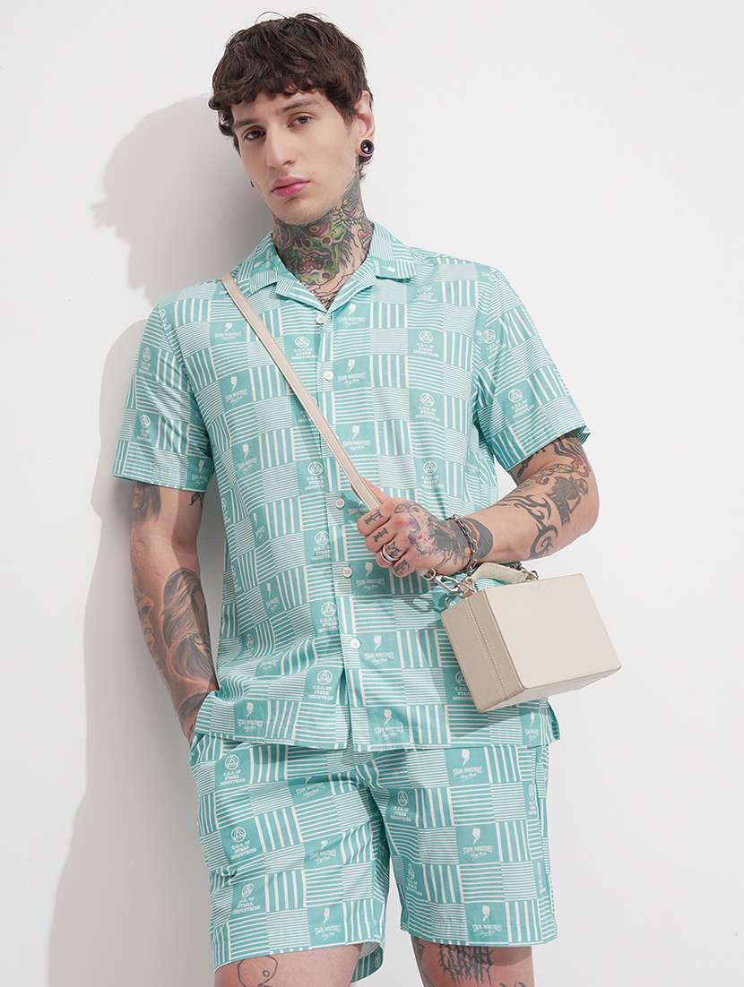 men blue cotton plain co-ord set