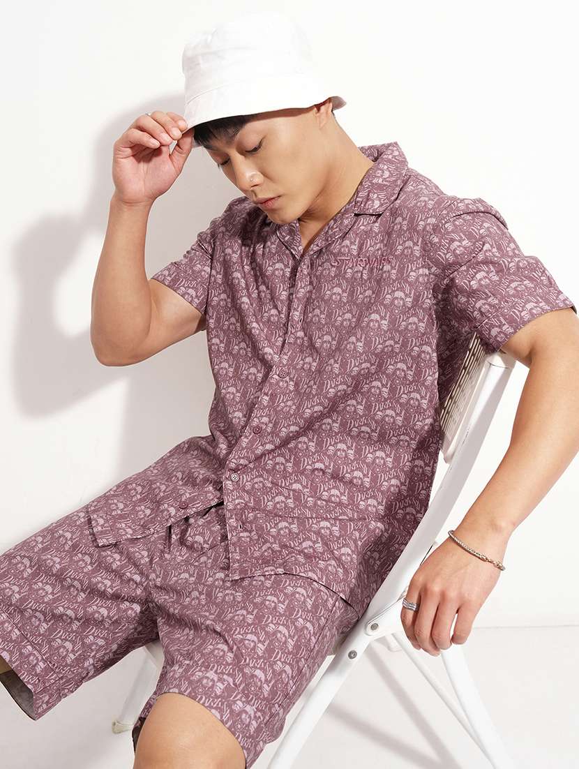 men purple cotton plain co-ord set