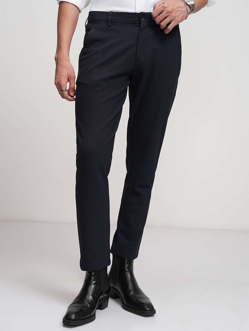 men navy blue polyester chinos casual trouser