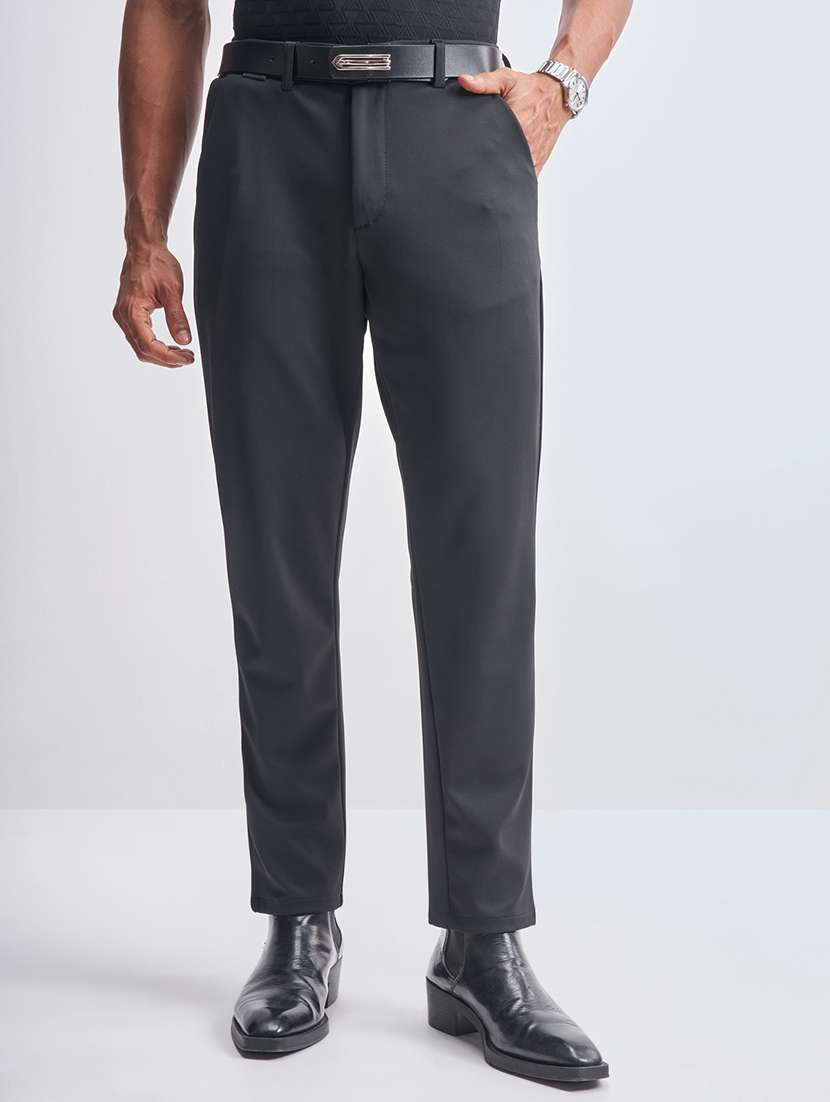 men solid black nylon chinos casual trouser
