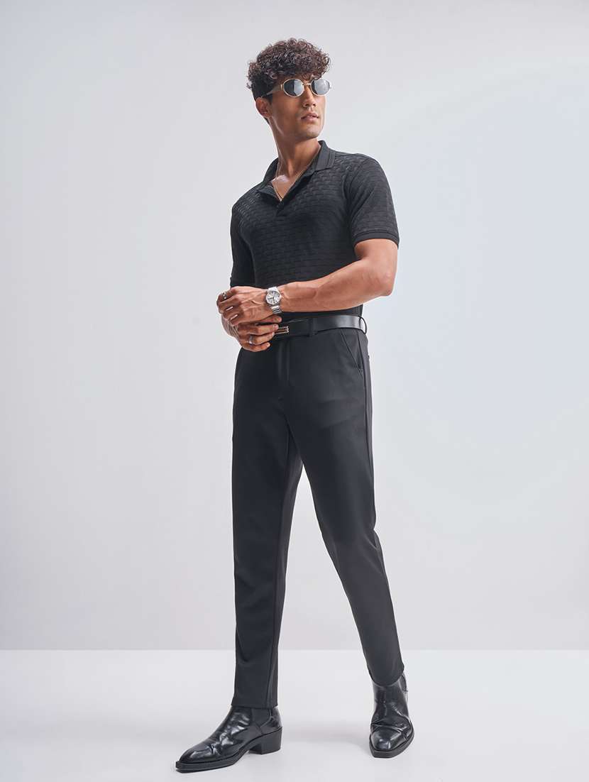 men solid black nylon chinos casual trouser - 22471307 -  Standard Image - 5