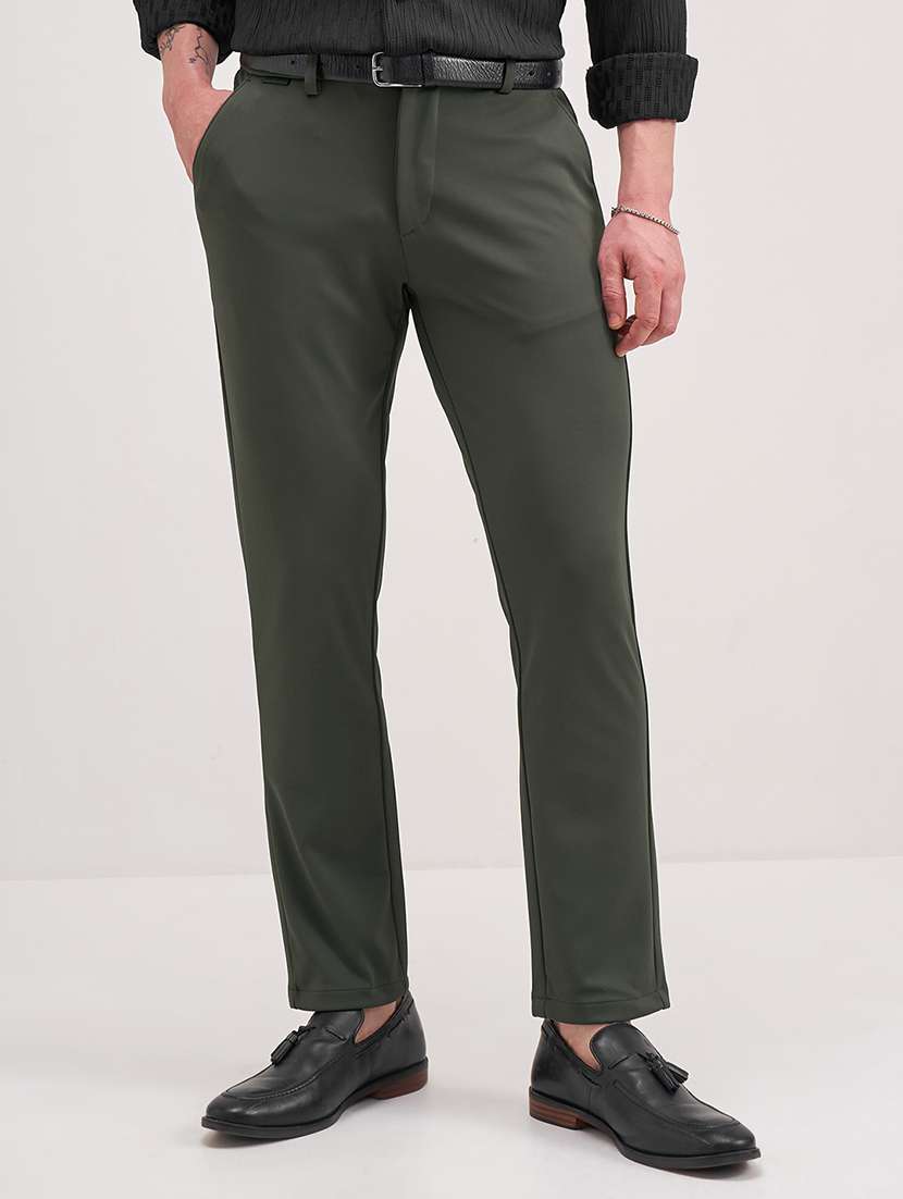 men solid green nylon chinos casual trouser