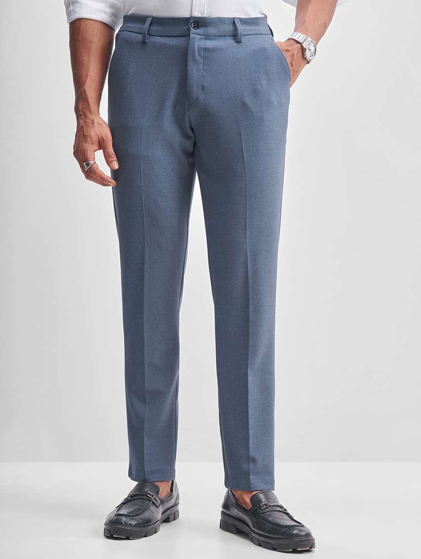 men blue polyester chinos casual trouser