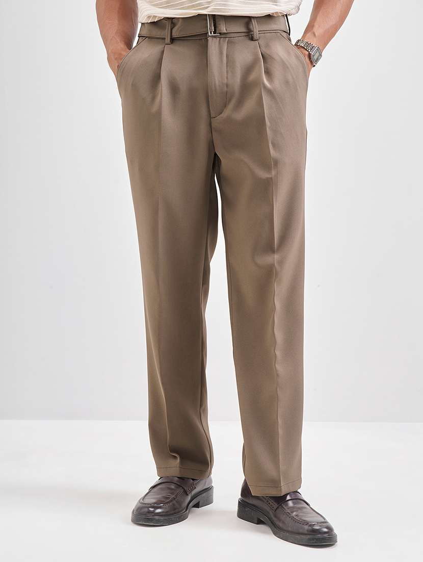 men solid  grey polyester chinos casual trouser