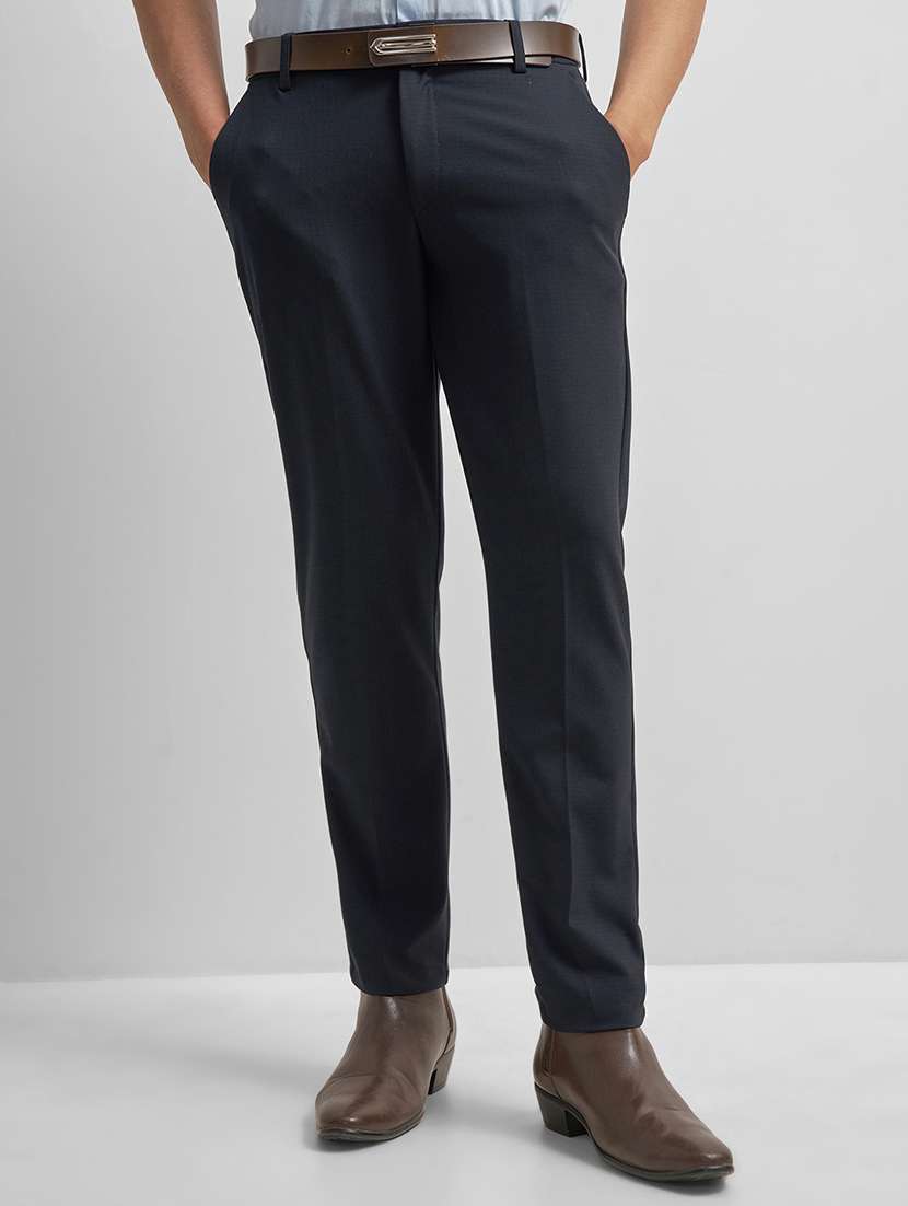 men solid  navy blue polyester chinos casual trouser