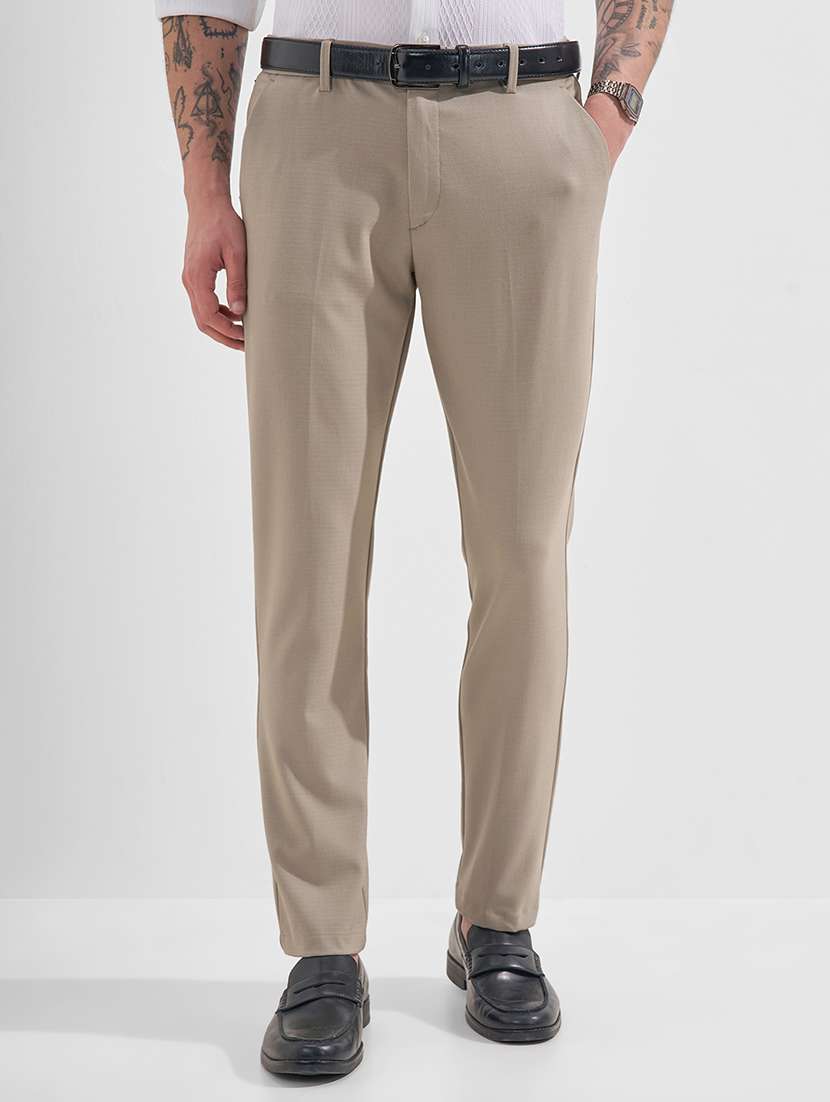 men beige polyester chinos casual trouser