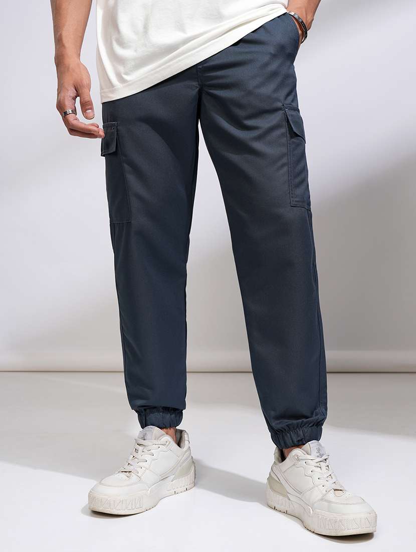 men blue polyester chinos casual trouser