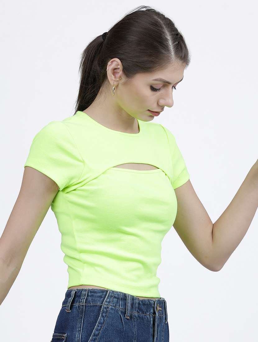 women solid green cotton blend regular top