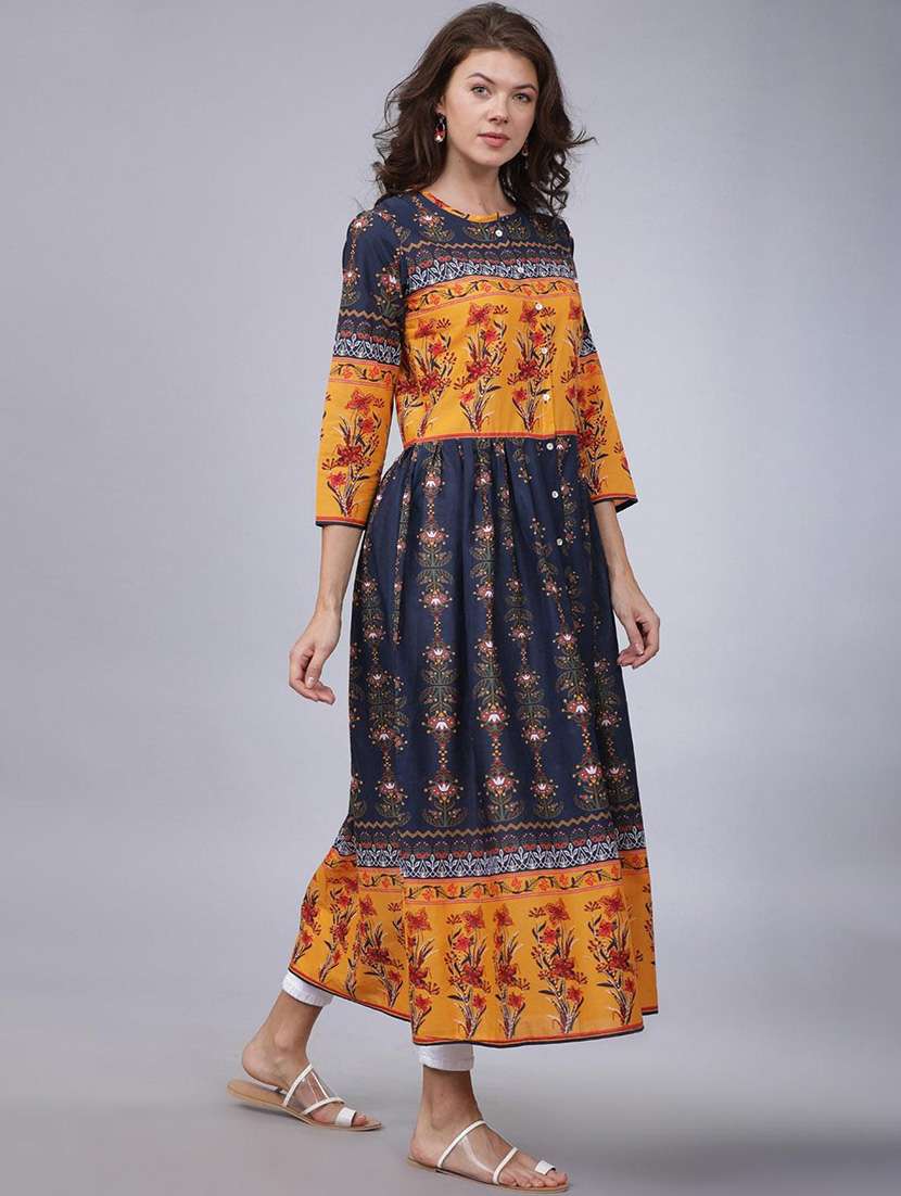 women navy blue cotton a-line kurta