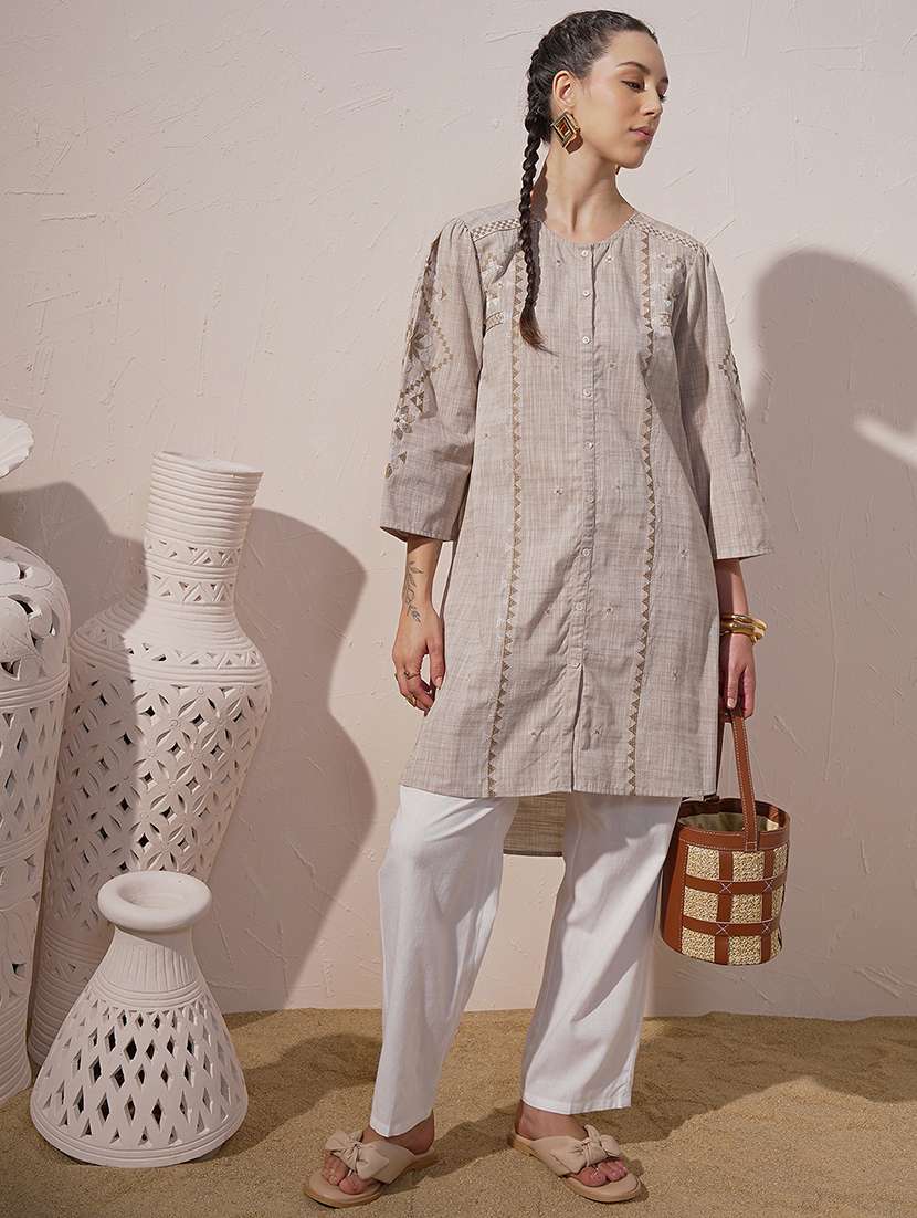 women beige cotton a-line kurta