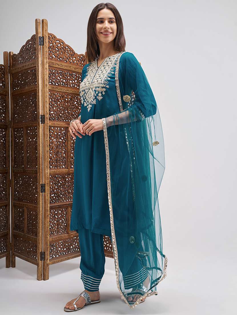 women teal kurta palazzo set set - 22471450 -  Standard Image - 3