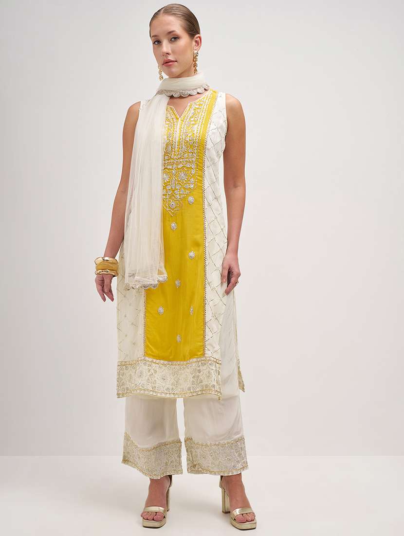women self design yellow kurta palazzo set set