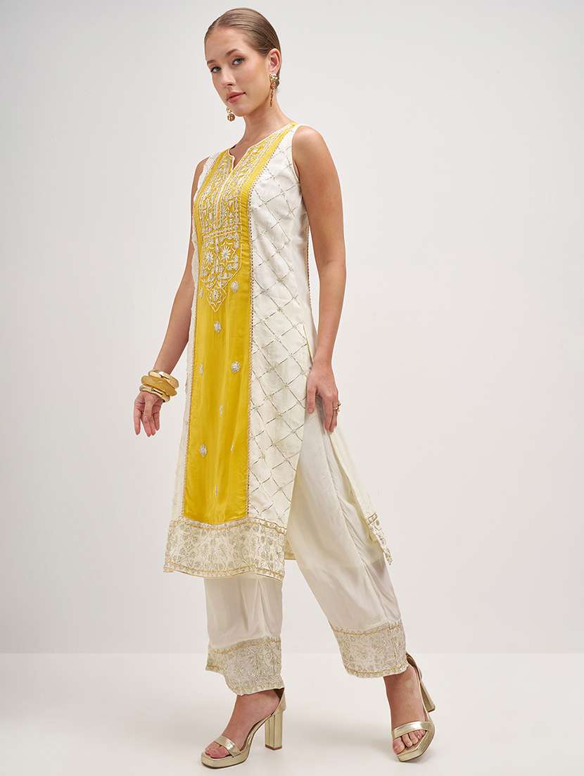women self design yellow kurta palazzo set set - 22471461 -  Standard Image - 3
