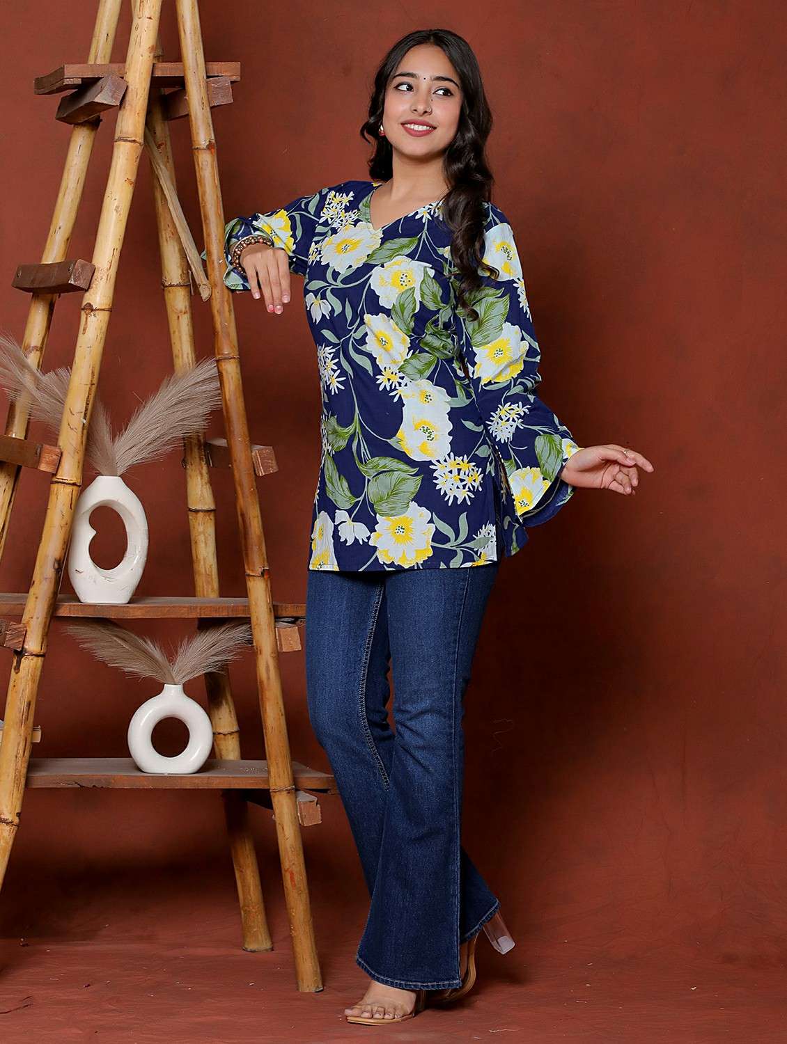 women floral printed long sleeve straight kurti - 22471469 -  Standard Image - 5