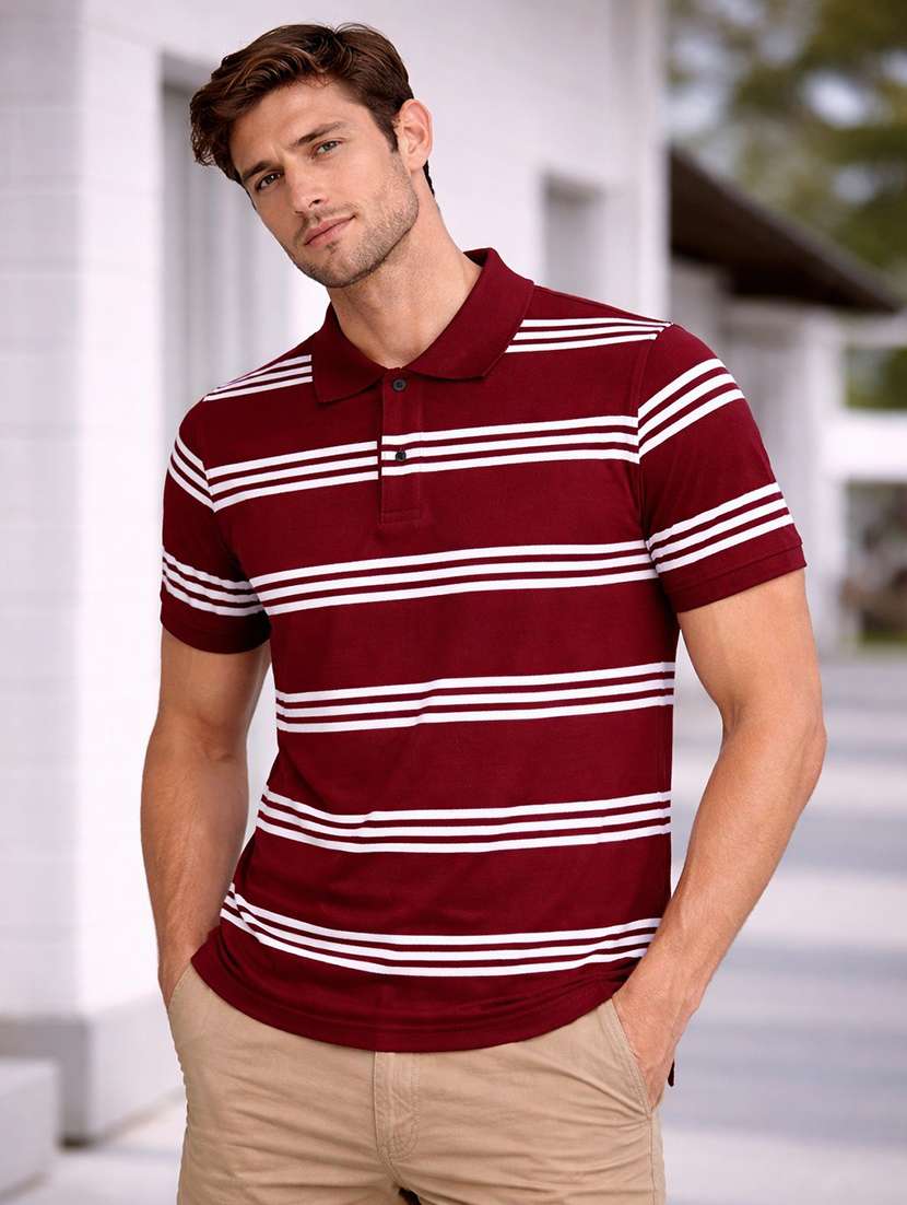 men maroon colored cotton blend color block t-shirt