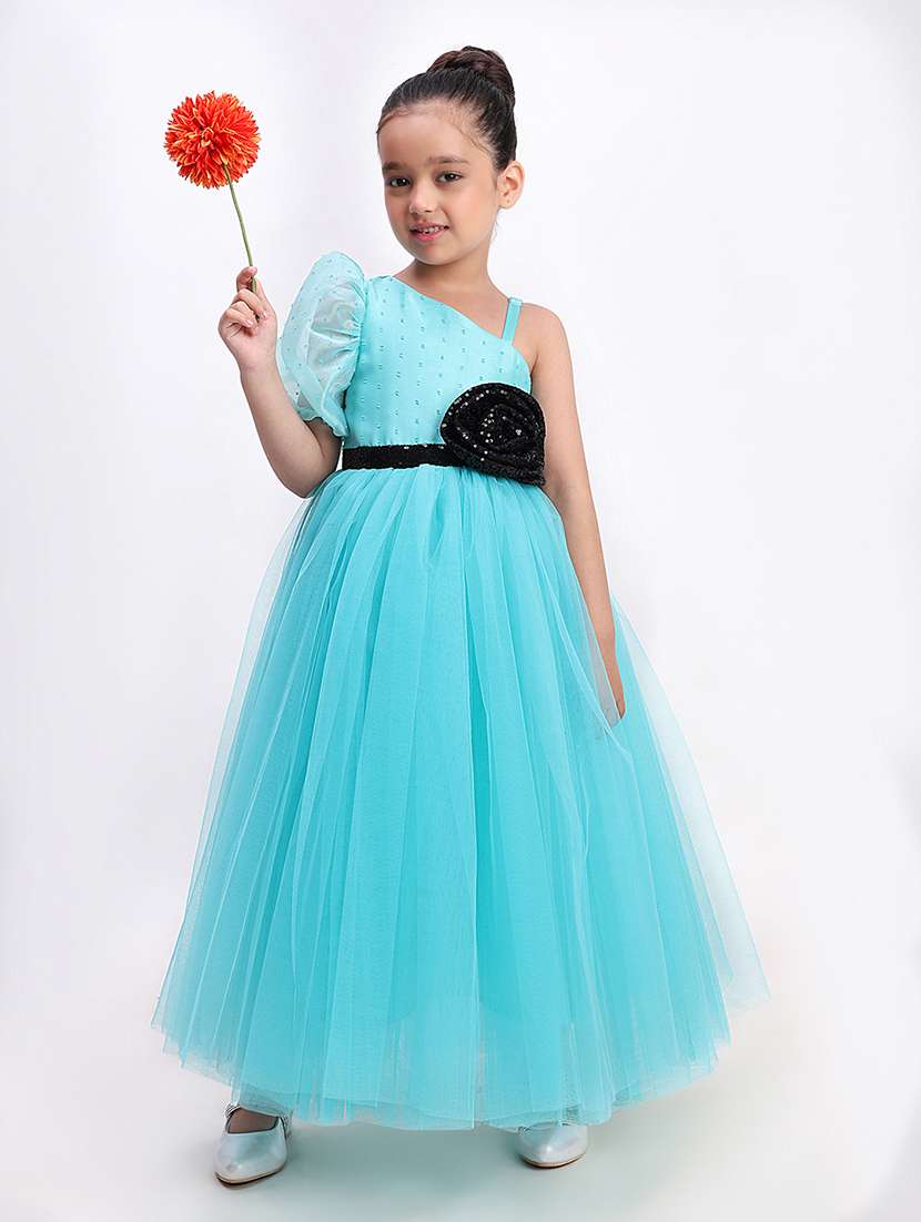 girl green satin party gown