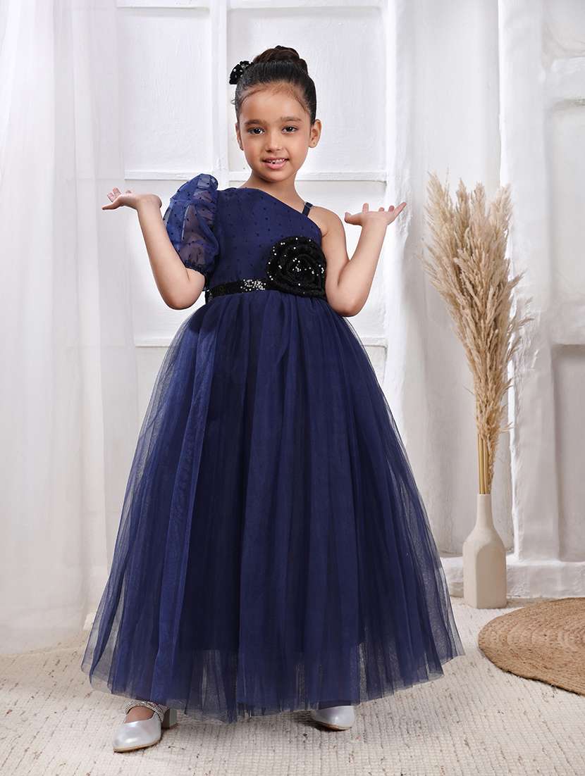 girls navy blue satin party gown