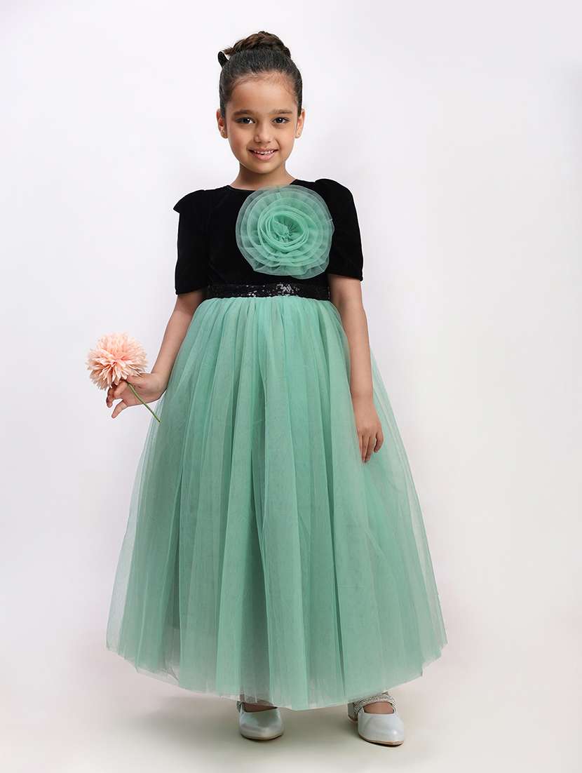 girl green satin party gown