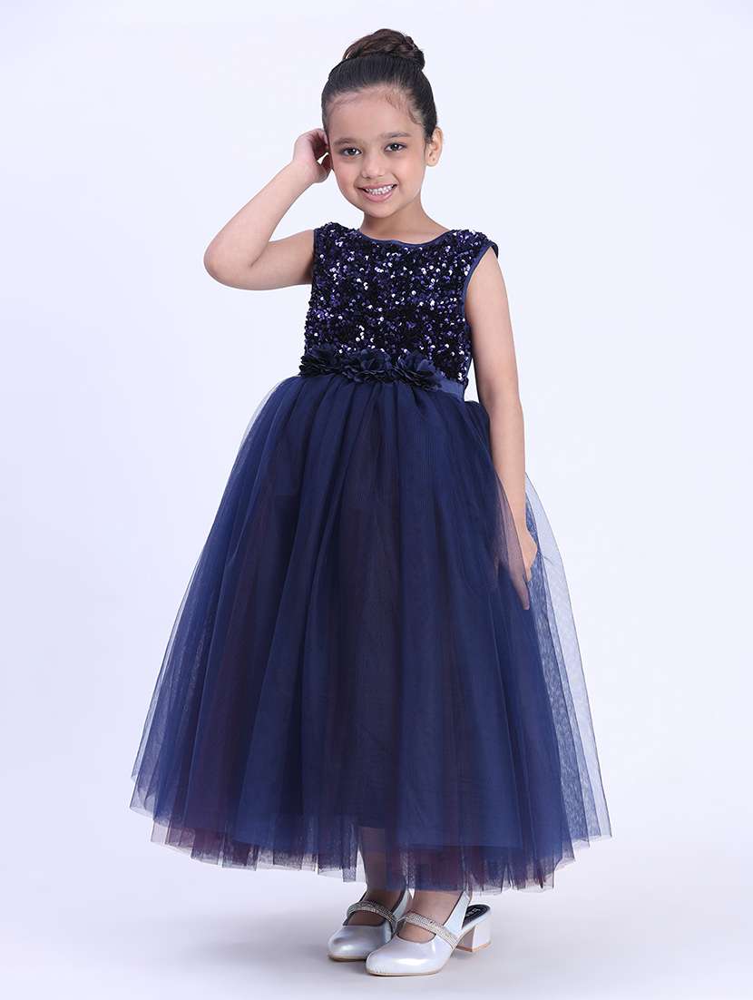 girls solid navy blue satin party gown - 22471592 -  Standard Image - 3
