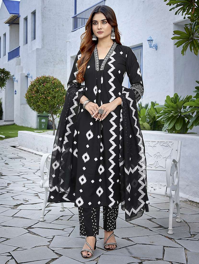 women self design black suit set