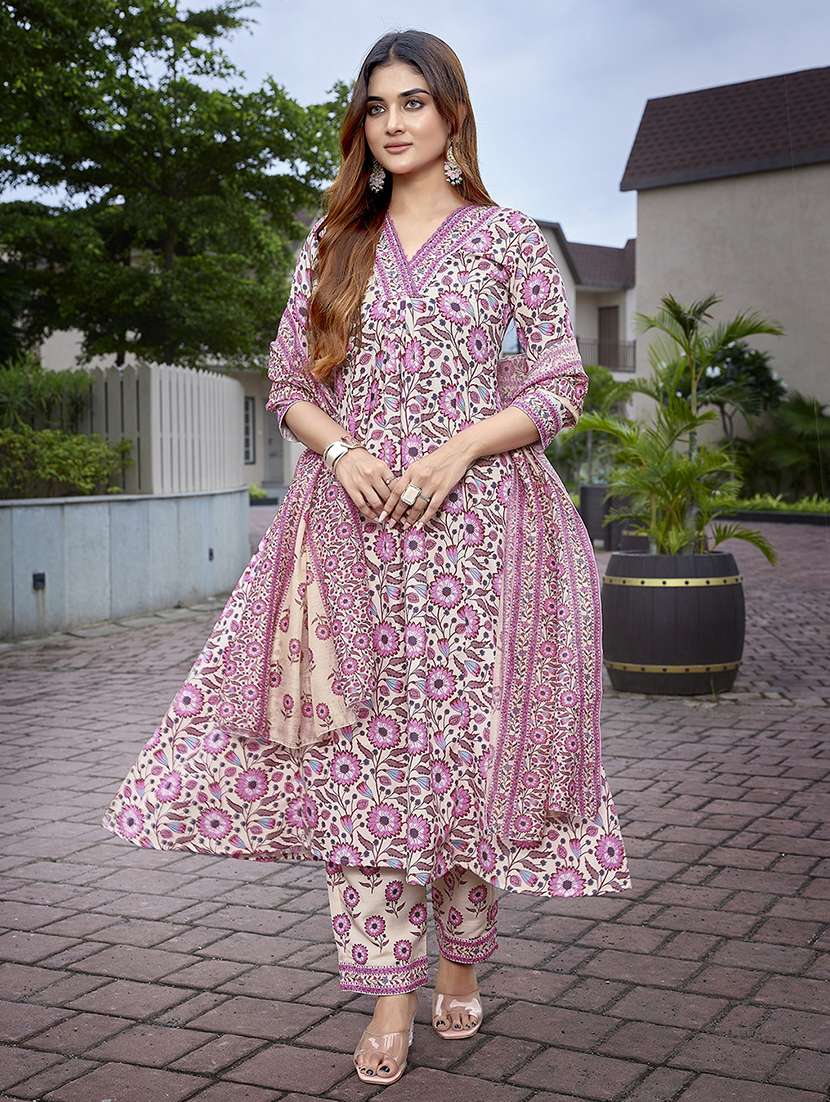women self design pink suit set