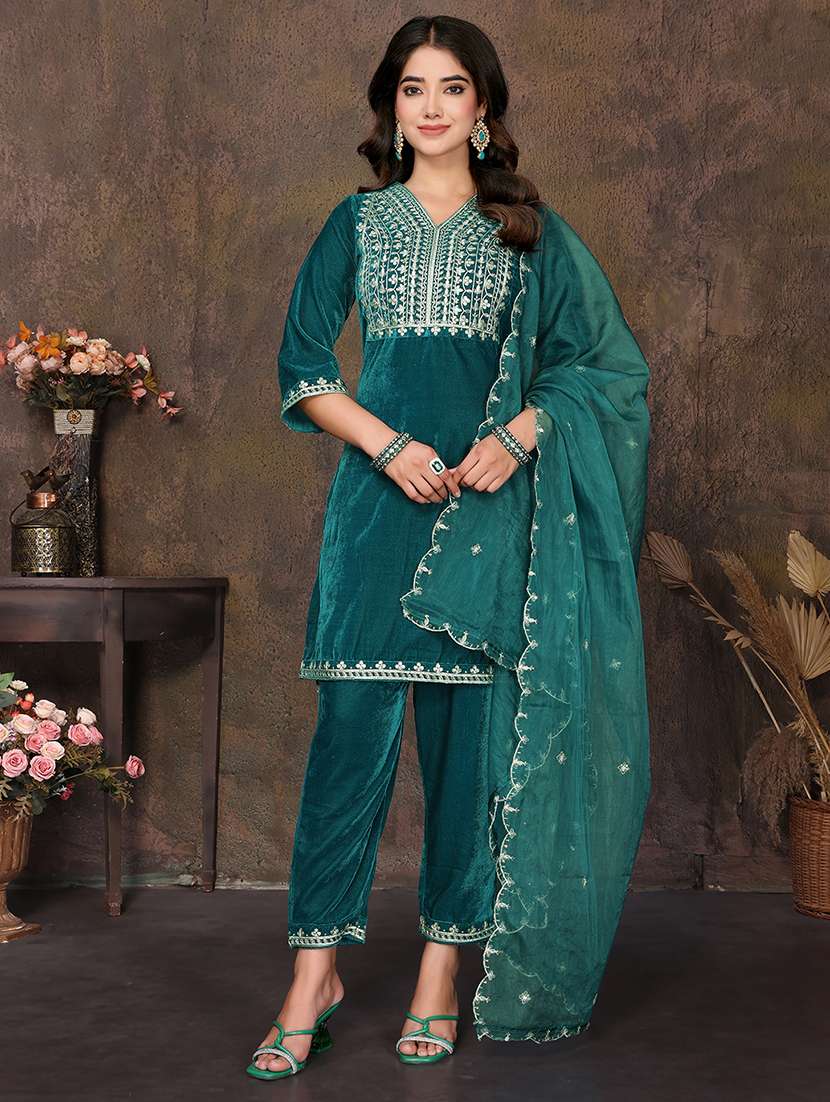 women self design teal suit set