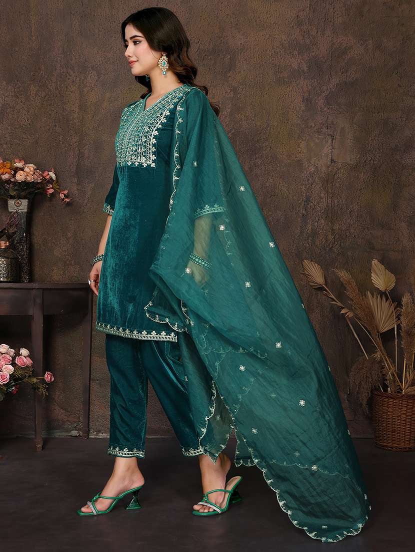 women self design teal suit set - 22471702 -  Standard Image - 3