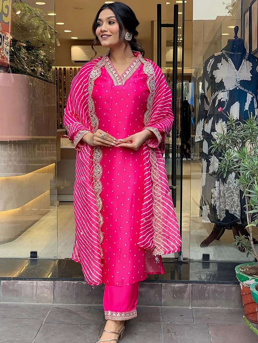 women self design pink suit set