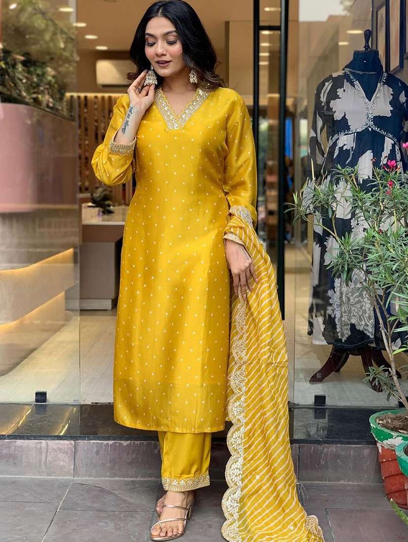 women self design yellow suit set - 22471714 -  Standard Image - 3