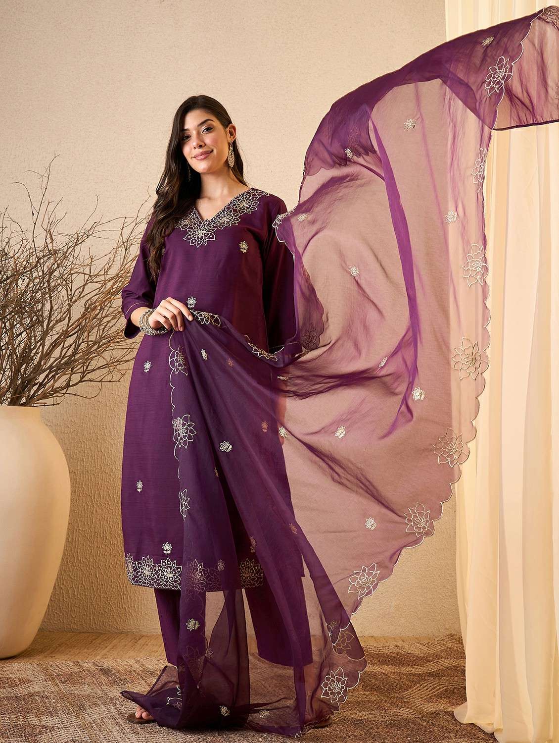 women self design purple suit set - 22471750 -  Standard Image - 3
