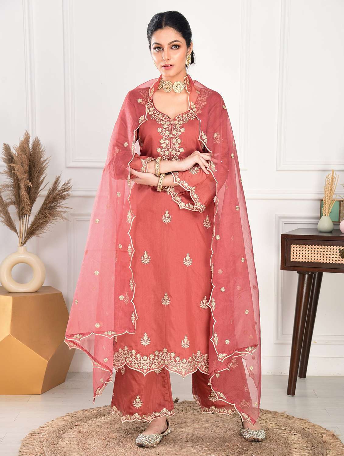women embroidered three quarter sleeves kurta pant set with dupatta