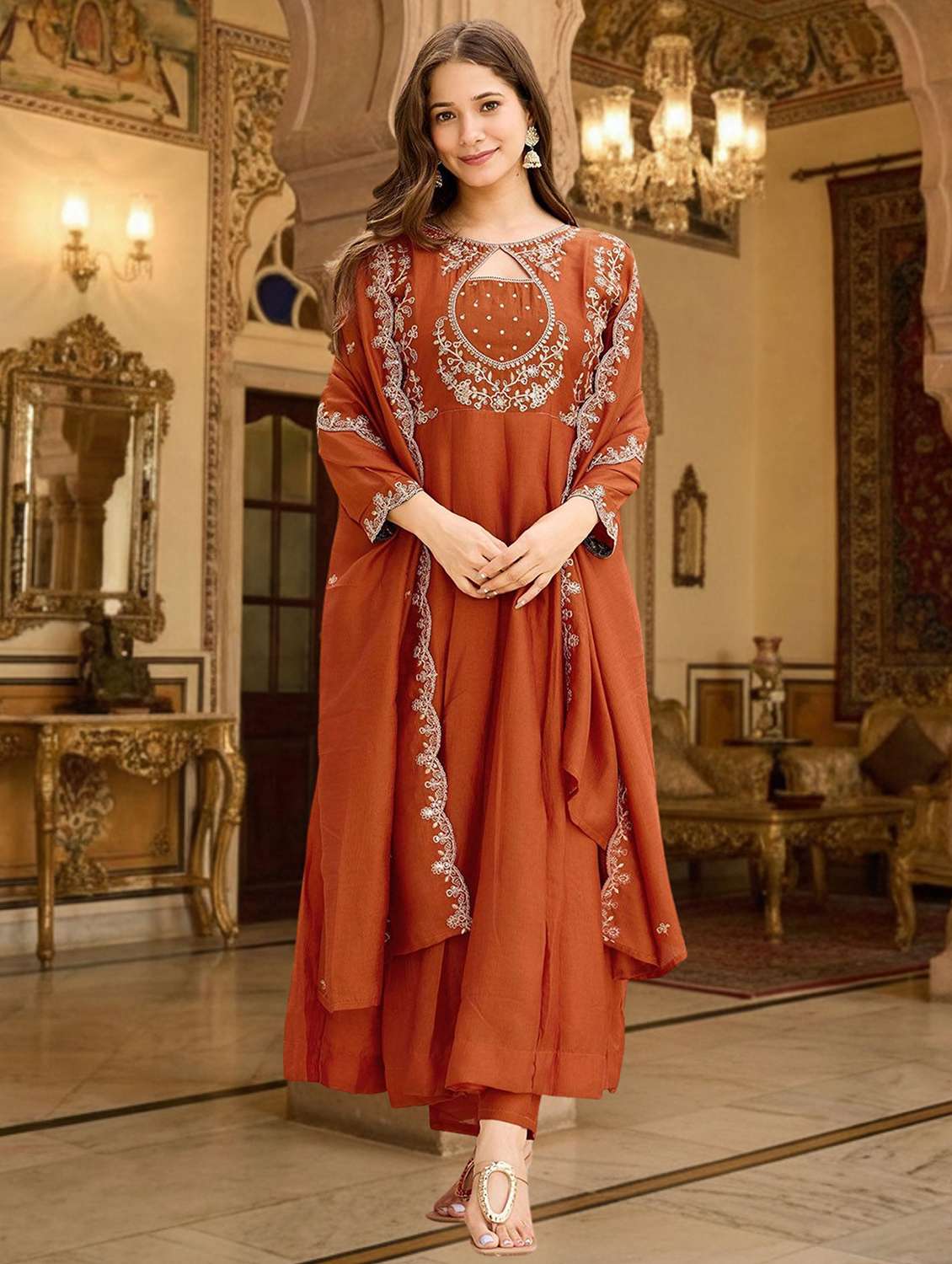 women self design rust suit set - 22471768 -  Standard Image - 3